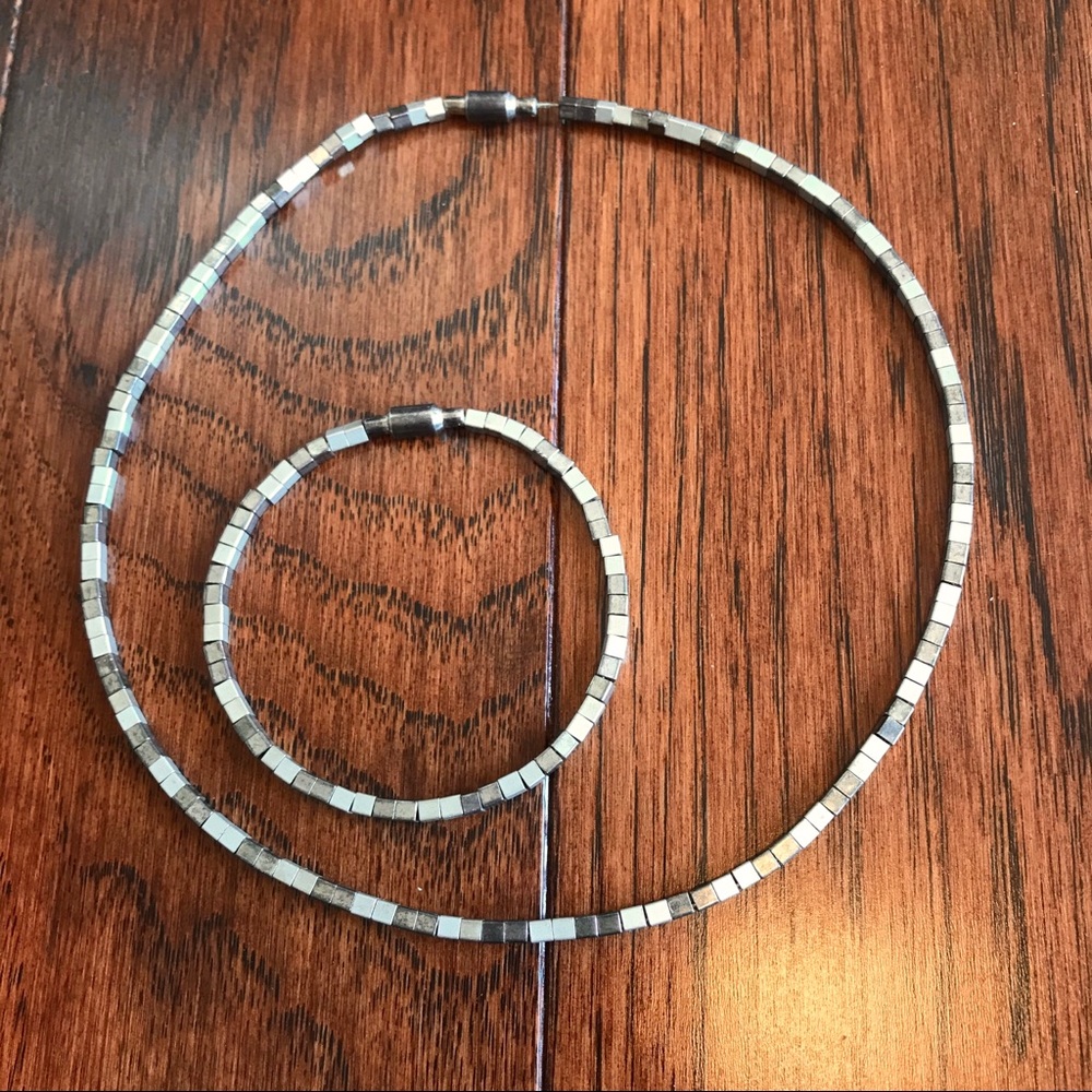 Mixed Metal 🔳  Necklace & Bracelet Hematite Cube